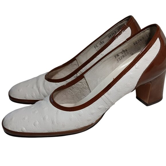 7.5 aaa N Vintage Womens Shoes PUMPS 1970s RISQUE FAUX OSTRICH 2 TONE IN BOX - Picture 1 of 11